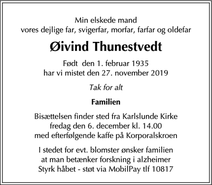 Dødsannoncen for Øivind Thunestvedt - Greve