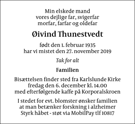 Dødsannoncen for Øivind Thunestvedt - Greve