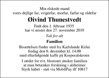 Dødsannoncen for Øivind Thunestvedt - Greve