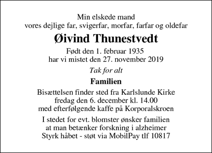 Dødsannoncen for Øivind Thunestvedt - Greve