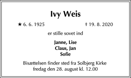 Dødsannoncen for Ivy Weis - Frederiksberg