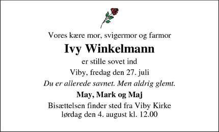 Dødsannoncen for Ivy Winkelmann - Viby