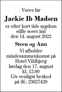 Dødsannoncen for Jackie Ib Madsen - Vildbjerg