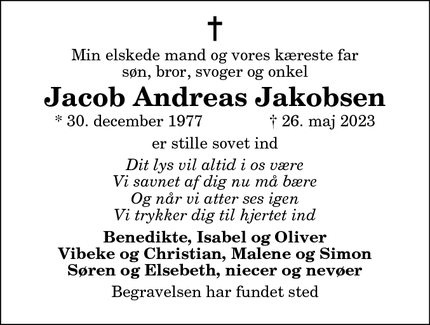 Dødsannoncen for Jacob Andreas Jakobsen - Nørresundby