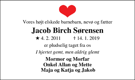 Dødsannoncen for Jacob Birch Sørensen - Vissenbjerg