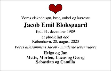 Dødsannoncen for Jacob Emil Bloksgaard - København
