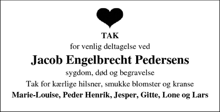 Dødsannoncen for Jacob Engelbrecht Pedersens - Staksrode