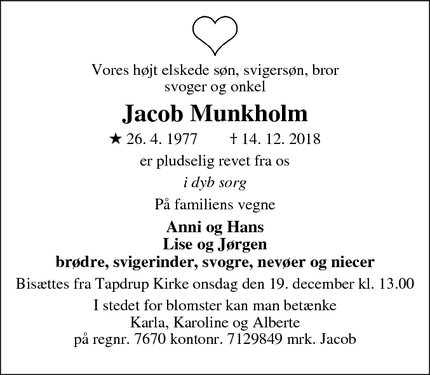 Dødsannoncen for Jacob Munkholm - Viborg