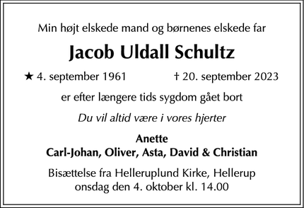 Dødsannoncen for Jacob Uldall Schultz - Gentofte