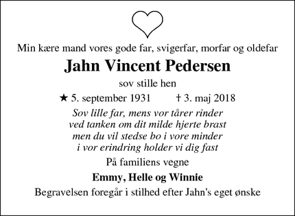 Dødsannoncen for Jahn Vincent Pedersen - Odense