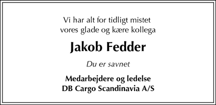 Dødsannoncen for Jakob Fedder - København
