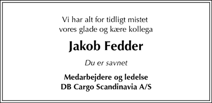 Dødsannoncen for Jakob Fedder - København