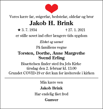 Dødsannoncen for Jakob H. Brink - Rødding