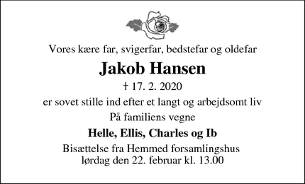 Dødsannoncen for Jakob Hansen - Bønnerup Strand