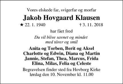 Dødsannoncen for Jakob Hovgaard Klausen - Grindsted