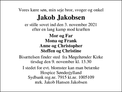 Dødsannoncen for Jakob Jakobsen - Tønder