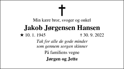 Dødsannoncen for Jakob Jørgensen Hansen - Roslev