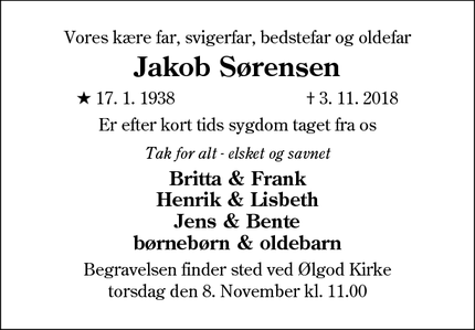 Dødsannoncen for Jakob Sørensen - Ølgod