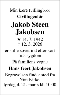 Dødsannoncen for Jakob Steen Jakobsen - Frederiksberg