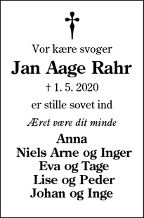 Dødsannoncen for Jan Aage Rahr - Agerbæk, 6800 Varde