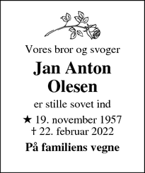 Dødsannoncen for Jan Anton Olesen - Nykøbing Mors
