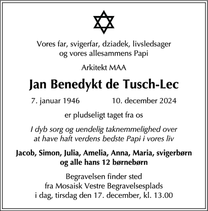 Dødsannoncen for Jan Benedykt de Tusch-Lec - Helsingør
