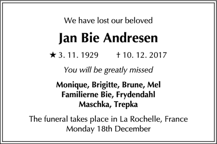 Dødsannoncen for Jan Bie Andresen - La Rochelle, Frankrig