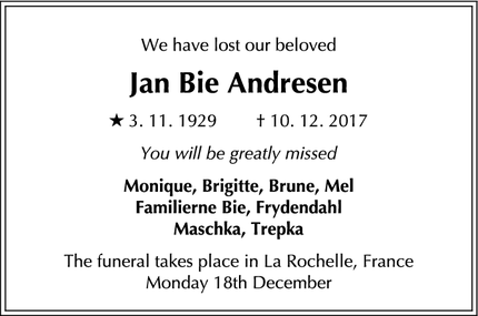 Dødsannoncen for Jan Bie Andresen - La Rochelle, Frankrig