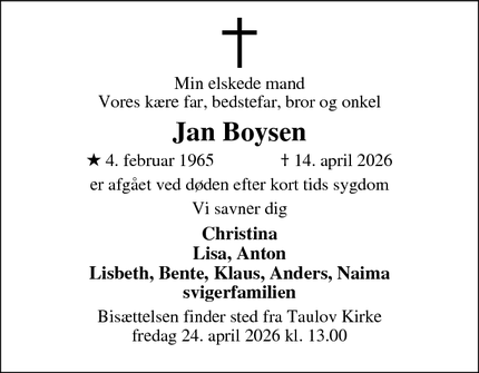 Dødsannoncen for Jan Boysen - Fredericia