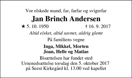 Dødsannoncen for Jan Brinch Andersen - Kolding