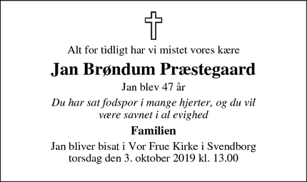 Dødsannoncen for Jan Brøndum Præstegaard - svendborg 