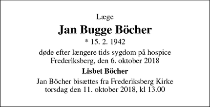 Dødsannoncen for Jan Bugge Böcher - Frederiksberg