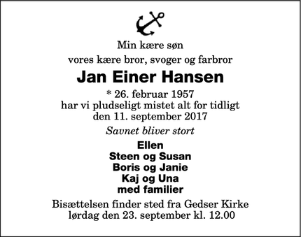 Dødsannoncen for Jan Einer Hansen - Gedser