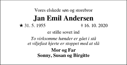 Dødsannoncen for Jan Emil Andersen - Fredericia