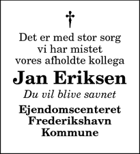 Dødsannoncen for Jan Eriksen - Sæby