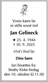 Dødsannoncen for Jan Gelineck - Køge