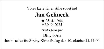 Dødsannoncen for Jan Gelineck - Køge