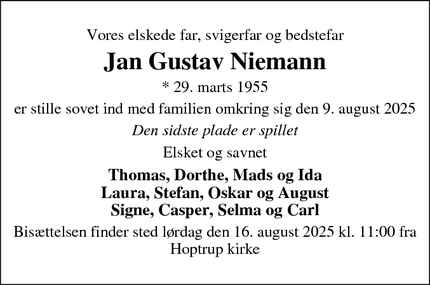 Dødsannoncen for Jan Gustav Niemann - Starup