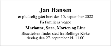Dødsannoncen for Jan Hansen - Odense s