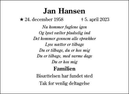 Dødsannoncen for Jan Hansen - Kolding