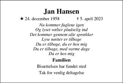 Dødsannoncen for Jan Hansen - Kolding