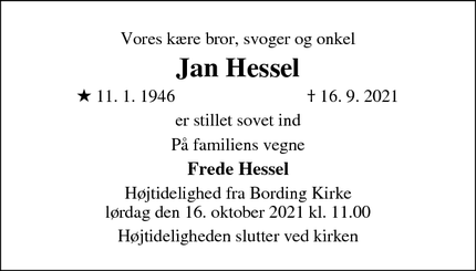 Dødsannoncen for Jan Hessel - Fredericia