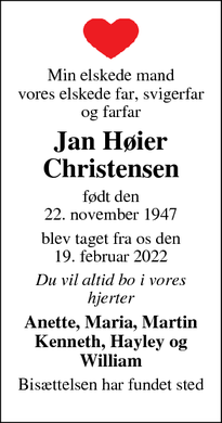 Dødsannoncen for Jan Høier Christensen - Brøndby