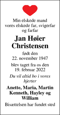 Dødsannoncen for Jan Høier Christensen - Brøndby
