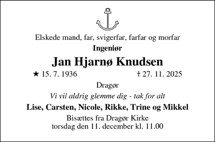 Dødsannoncen for Jan Hjarn&oslash; Knudsen - Helsingør