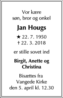 Dødsannoncen for Jan Hougs - Gentofte