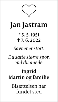 Dødsannoncen for Jan Jastram - Ørum