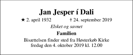 Dødsannoncen for Jan Jesper í Dali - Nivå