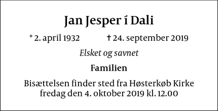 Dødsannoncen for Jan Jesper í Dali - Nivå