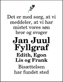 Dødsannoncen for Jan Juul
Fyllgraf - Vejle